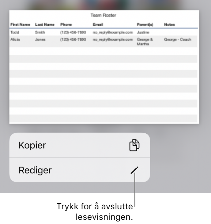 En tabell er markert, og under den vises en meny med knappene Kopier og Rediger.