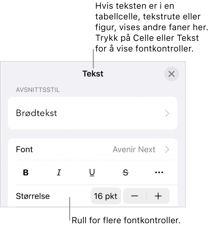 Tekstkontroller i Format-menyen for å angi avsnitts- og tegnstiler, font, størrelse og farge.