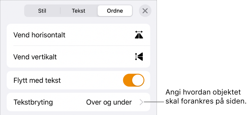 Ordne-kontrollene med Flytt med tekst og Tekstbryting.