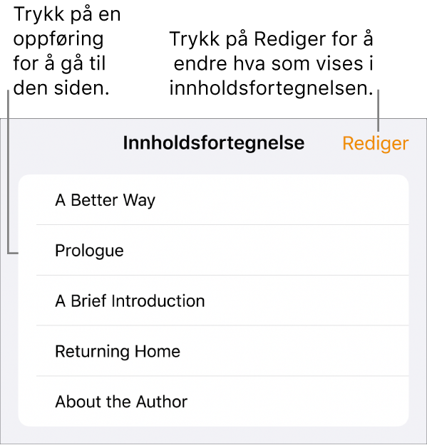 Innholdsfortegnelsesvisningen, med overskrifter i en liste. En Rediger-knapp er øverst til høyre, og nederst er Sideminiatyr- og Innholdsfortegnelse-knappene.