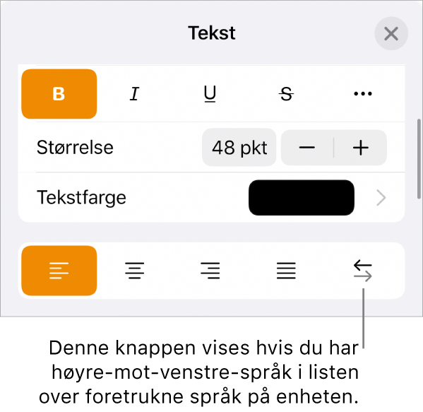 Tekstkontroller i Format-menyen med en bildeforklaring som peker på Høyre til venstre-knappen.