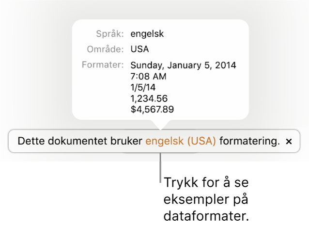 Varsling som viser en annen språk- og regionsinnstilling, med eksempler på formatering for det språket og den regionen.
