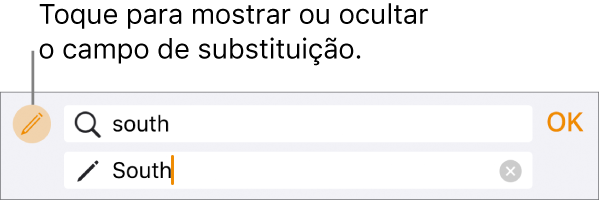 Controles para buscar e substituir texto.