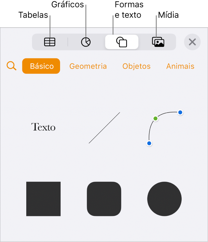 Controles de Inserir abertos com botões na parte superior para adicionar tabelas, gráficos, texto, formas e mídia.