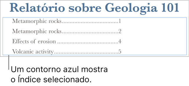 Um índice inserido em um documento. As entradas mostram títulos e seus números de página.