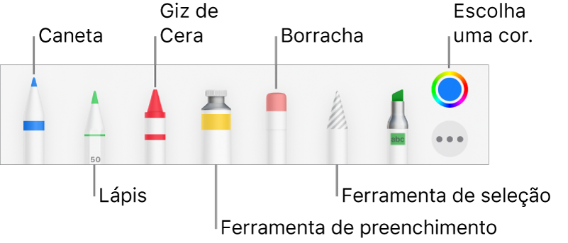 Barra de ferramentas de desenho com caneta, lápis, giz de cera, ferramenta de preenchimento, borracha, ferramenta de seleção e quadro de cores mostrando a cor atual.