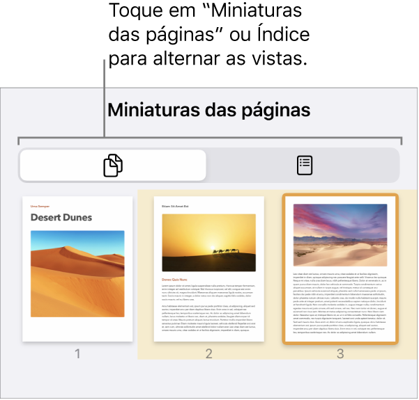 A vista de miniaturas das páginas com imagens em miniatura de cada página. O botão “Miniaturas das páginas” e o botão Índice estão na parte inferior do ecrã.
