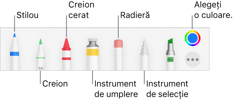 Bara de instrumentele pentru desen cu stilou, creion, creion cerat, instrument de umplere, radieră, instrument de selecție și sursă de culoare afișând culoarea curentă.