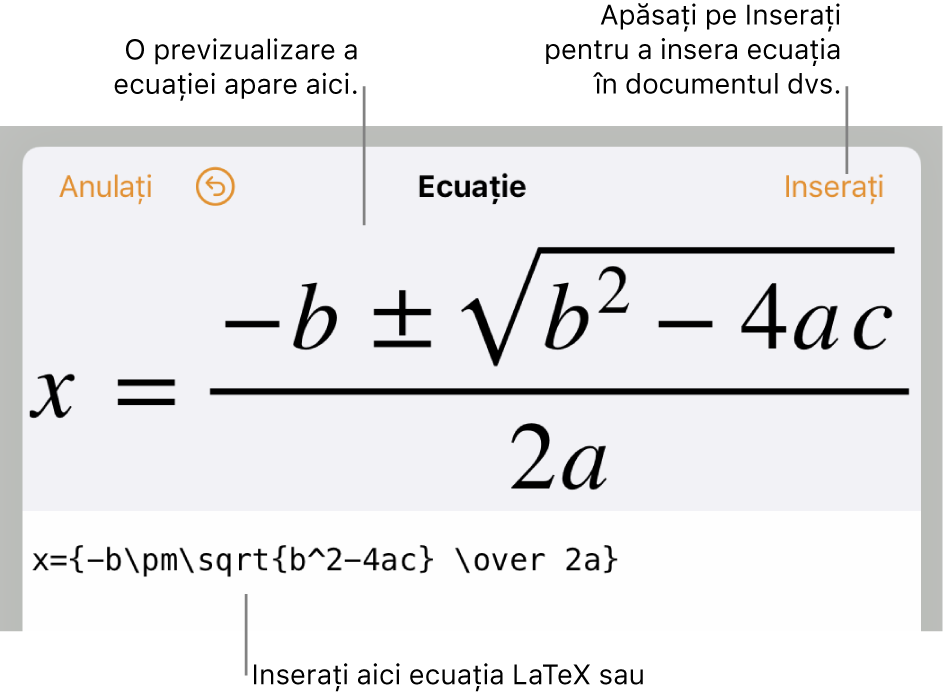 Caseta de dialog Ecuație, afișând formula cuadratică scrisă cu ajutorul comenzilor LaTeX și, deasupra, o previzualizare a formulei.