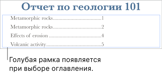 Оглавление, вставленное в документ. Показаны заголовки и соответствующие номера страниц.