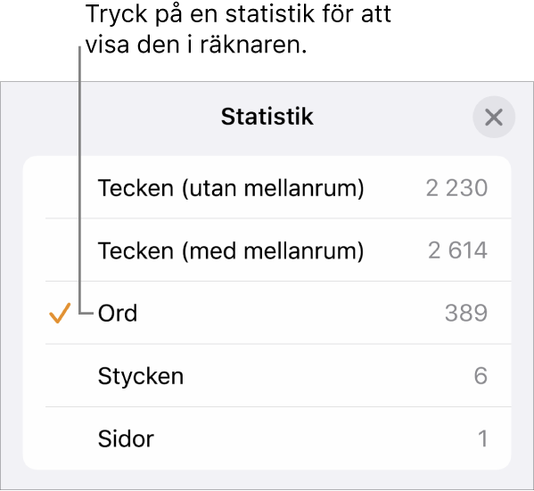 Menyn Statistik med alternativ för att visa antalet tecken med och utan mellanslag, antal ord, antal stycken och antal sidor.