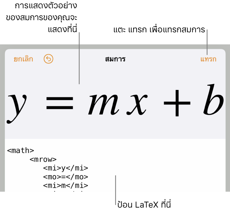 สูตรยกกำลังสองเขียนโดยใช้ LaTeX ในช่องสมการ และการแสดงตัวอย่างของสมการด้านล่าง