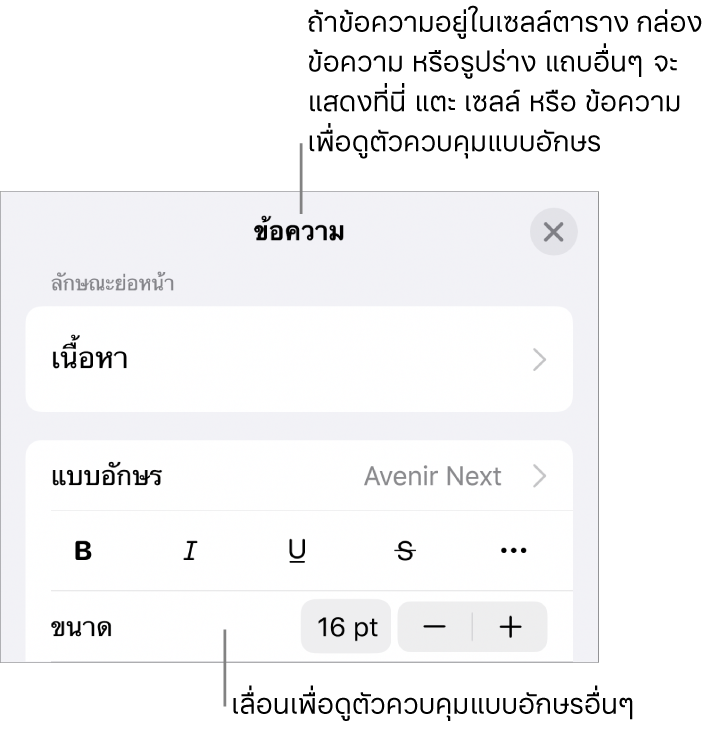 ตัวควบคุมข้อความในเมนูรูปแบบสำหรับตั้งค่าลักษณะ แบบอักษร ขนาด และสีของย่อหน้าและอักขระ