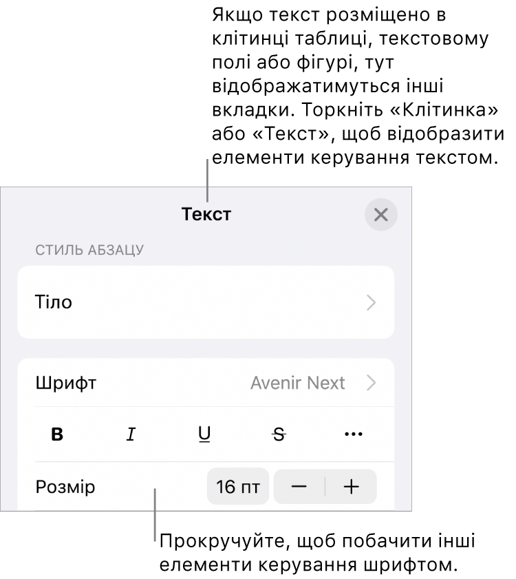 Елементи керування текстом у меню «Формат» для настроювання стилів абзацу й символів, шрифту, розміру та кольору.