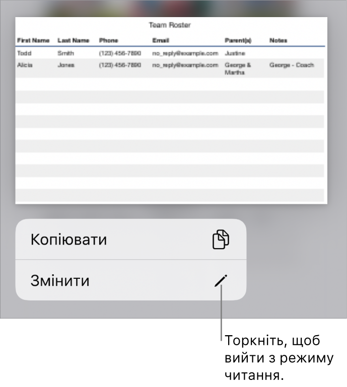 Вибрано таблицю, знизу є меню з кнопками «Копіювати» й «Редагувати».