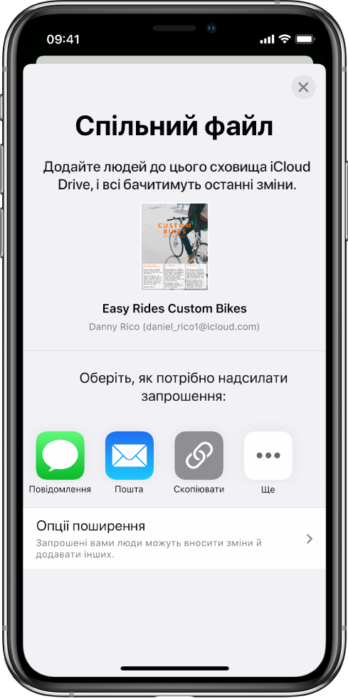 Екран «Додати людей» і зображення документа, який буде в спільному доступі. Нижче показано кнопки, за допомогою яких можна надіслати запрошення, зокрема «Повідомлення» й «Пошта», а також «Скопіювати посилання» та «Більше». Внизу розташовано кнопку «Опції спільного доступу».