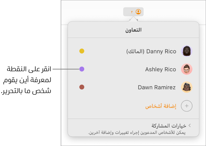 قائمة المشاركين ويظهر بها ثلاثة مشاركين ونقطة لونية مختلفة على يسار كل اسم.