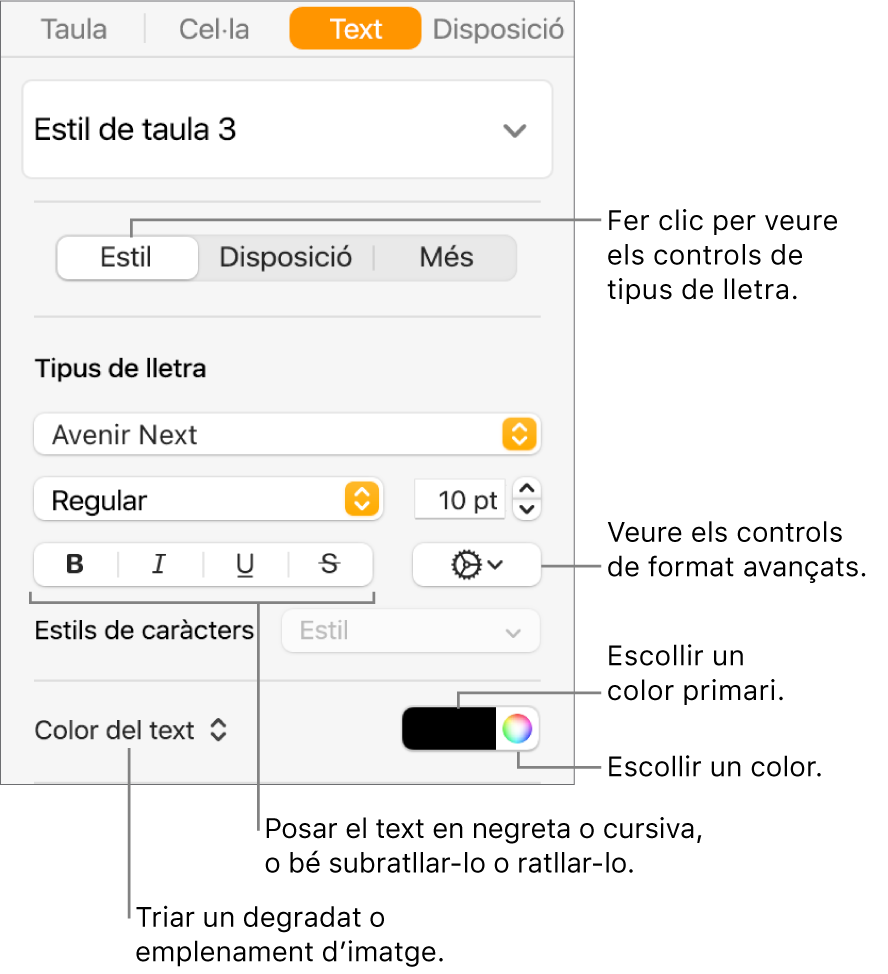 Els controls per aplicar un estil al text d’una taula.