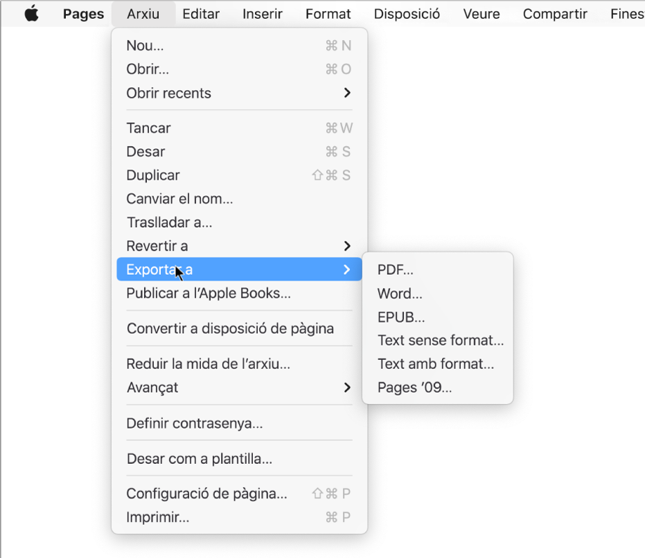 Menú Arxiu obert amb “Exportar a” seleccionat i el submenú corresponent que mostra les opcions d’exportació a PDF, Word, text sense format, format de text enriquit, EPUB i Pages ’09.
