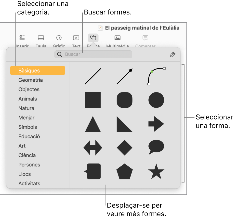 La biblioteca de formes, amb categories a l’esquerra i les formes a la dreta. Pots utilitzar el camp de cerca situat a la part superior per trobar formes i desplaçar‑te per veure’n més.