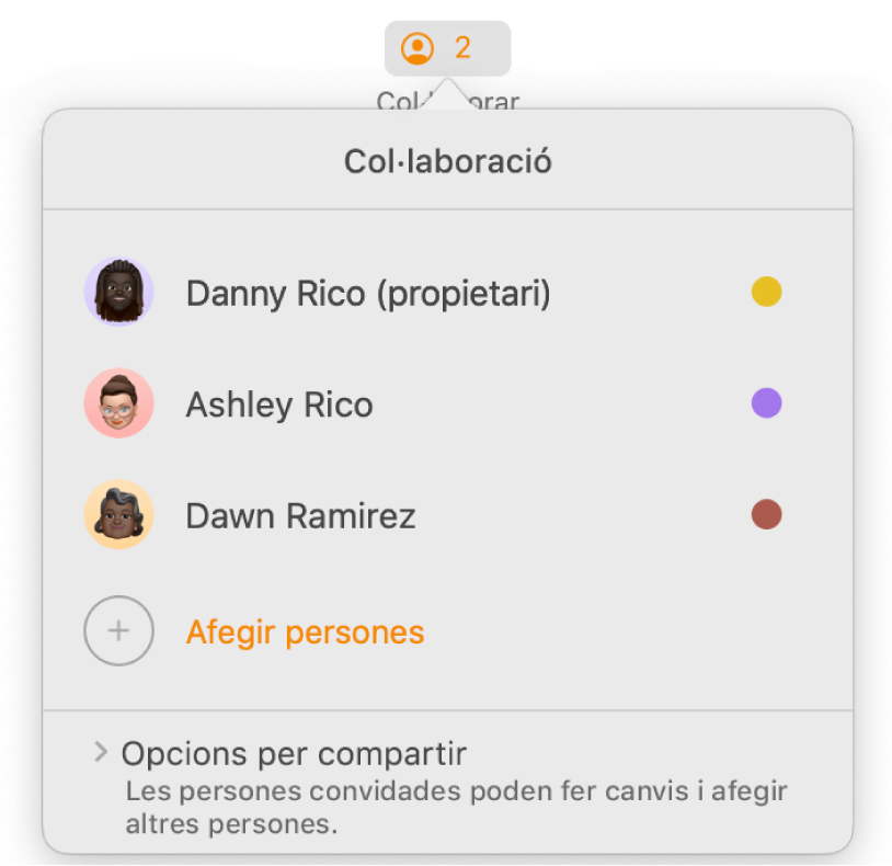 El menú Col·laboració, en què es mostren els noms de les persones que col·laboren en el document. Les opcions de compartir són a sota dels noms.