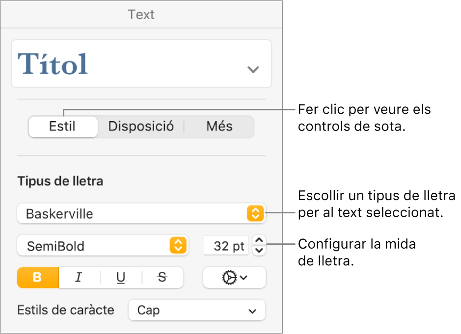 Els controls de text de la secció Estil de la barra lateral Format, per definir el tipus i la mida de la lletra.
