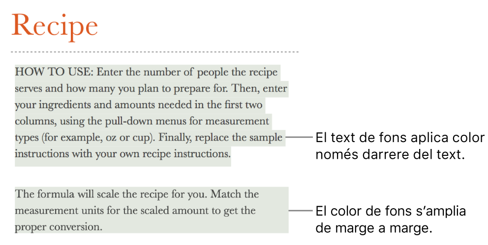 Un paràgraf amb color només darrere del text i un segon paràgraf amb color al darrere que s’estén de marge a marge en un bloc.