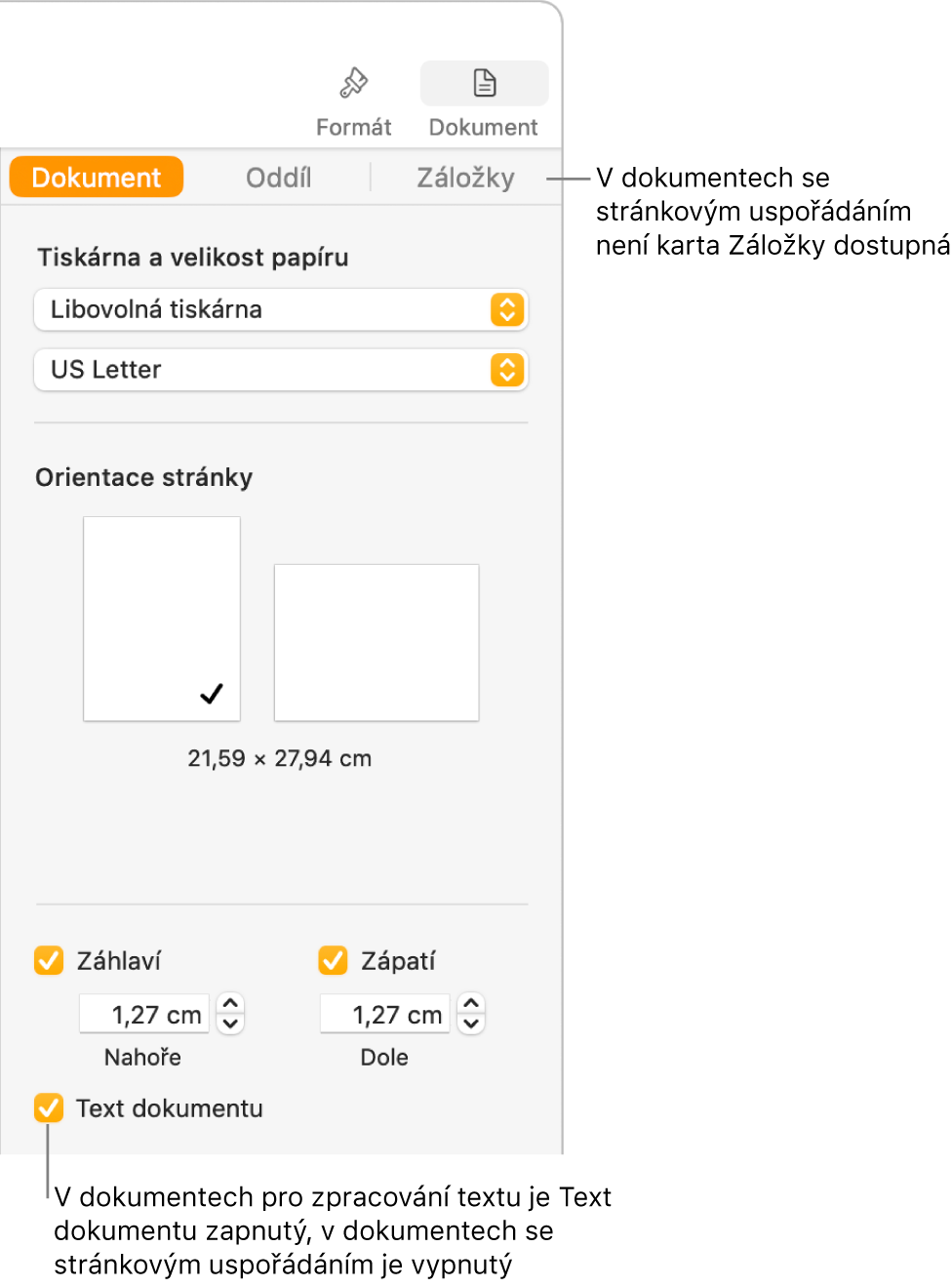 Boční panel Formát, na němž jsou nahoře vidět karty Dokument, Oddíl a Záložky. Je vybrána karta Dokument a na popisku ke kartě Záložky je uvedeno, že dokumenty s uspořádáním po stránkách tuto kartu Záložky nemají. Je zaškrtnuto políčko Text dokumentu, což je dalším potvrzením, že se jedná o dokument pro zpracování textu