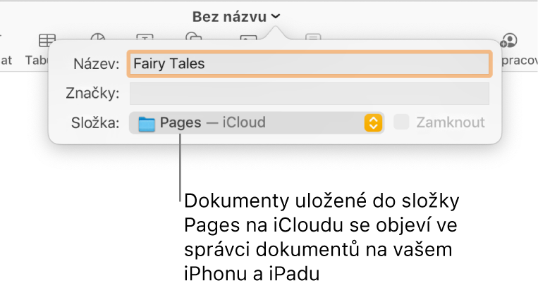 Ukládací dialogové okno aplikace Pages s vybranou položkou iCloud v místní nabídce „Kde“