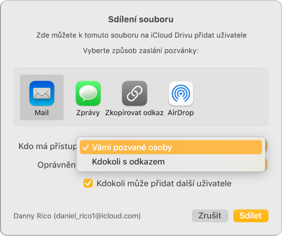 Dialogové okno pro spolupráci s otevřenou místní nabídkou „Kdo má přístup“ a vybranou volbou „Vámi pozvané osoby“