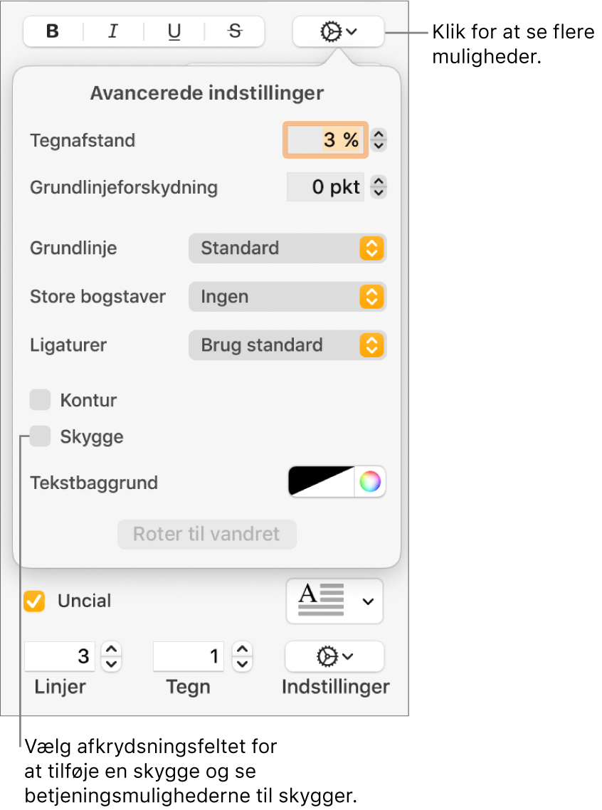 Menuen Avancerede indstillinger er åben med afkrydsningsfeltet Skygger valgt og betjeningsmuligheder til indstilling af sløring, forskydning, opacitet, vinkel og farve.