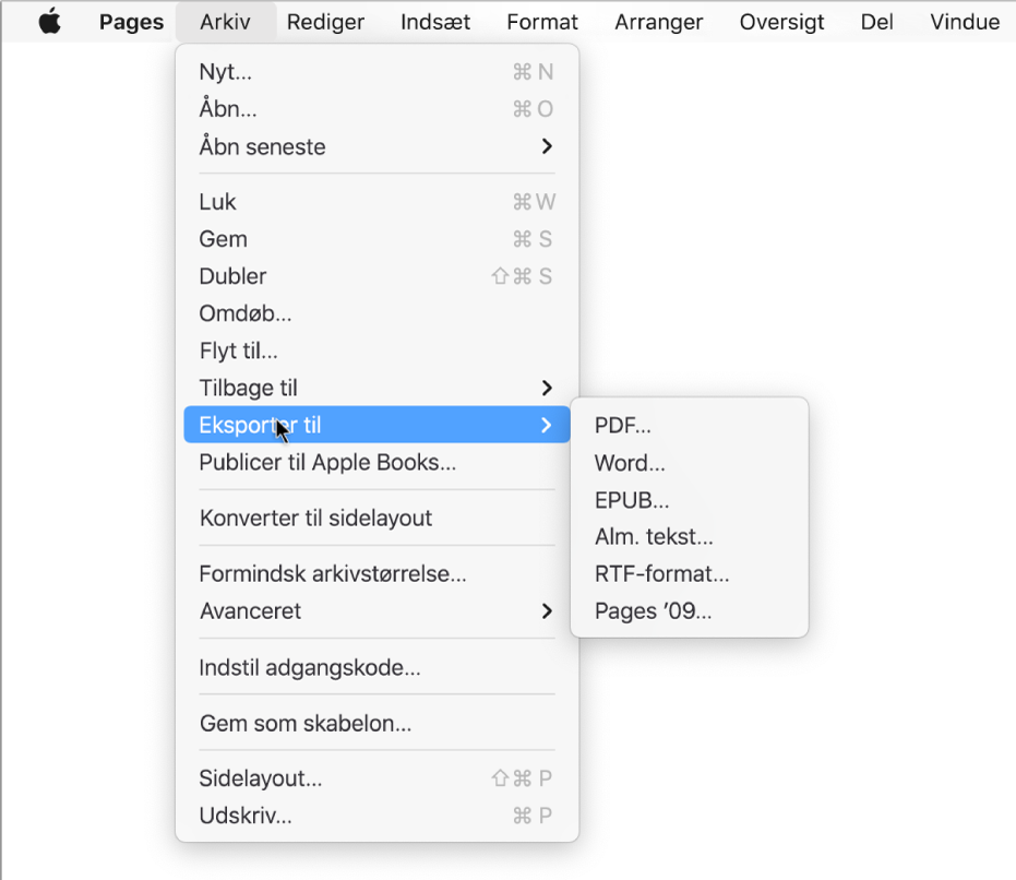 Arkivmenuen åben med Eksporter til valgt og undermenuen med eksportmulighederne PDF, Word, Almindelig tekst, RTF-format, EPUB og Pages ’09.