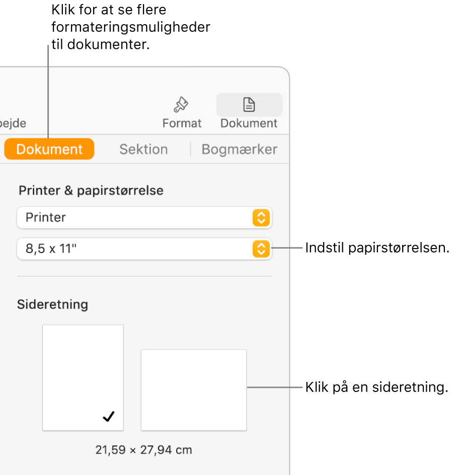 Indholdsoversigten Dokument, hvor fanen Dokument øverst i indholdsoversigten er valgt. I indholdsoversigten ses en lokalmenu til indstilling af papirstørrelse og knapper til stående og liggende sideretning.