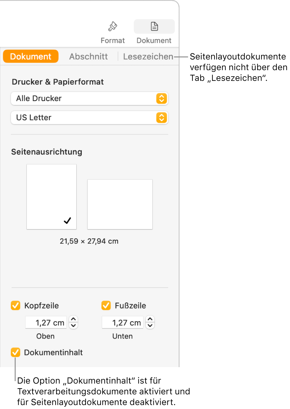 Die Seitenleiste „Format“ mit den Tabs „Dokument“, „Abschnitt“ und „Lesezeichen“ oben. Der Tab „Dokument“ ist ausgewählt und eine Beschreibung zum Tab „Lesezeichen“ sagt, dass Seitenlayoutdokumente über keinen Tab „Lesezeichen“ verfügen. Das Feld „Dokumentinhalt“ ist markiert, was auch darauf hinweist, dass es sich um ein Textverarbeitungsdokument handelt.