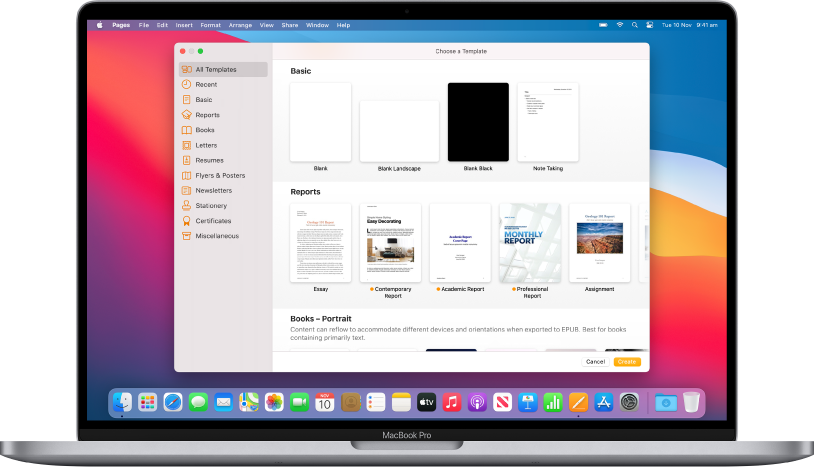 A MacBook Pro with the Pages template chooser open on the screen. The All Templates category is selected on the left and pre-designed templates appear on the right in rows by category.