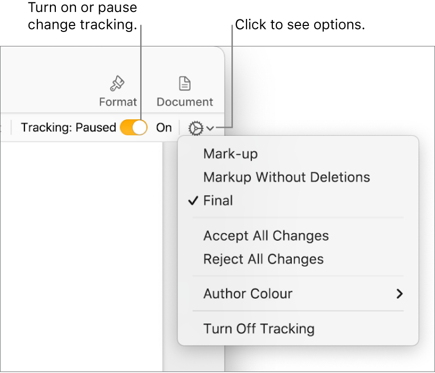 The tracking options menu showing Turn off Tracking at the bottom and a call out to the Tracking On and Paused button.