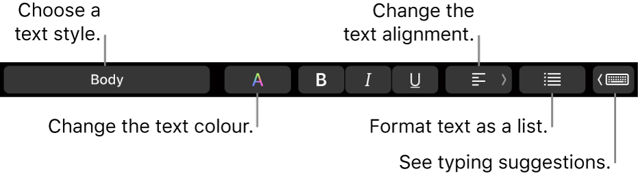 The MacBook Pro Touch Bar with controls for choosing a text style, changing the text colour, changing the text alignment, formatting text as a list, and showing typing suggestions.