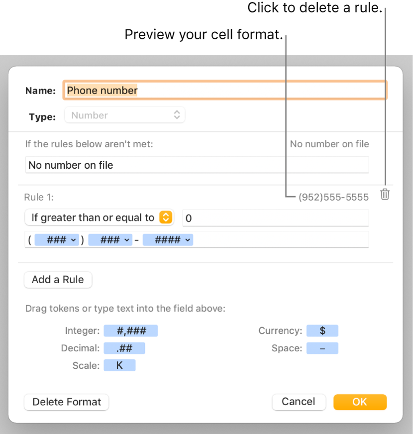 The custom cell format window with controls for choosing custom number formatting.
