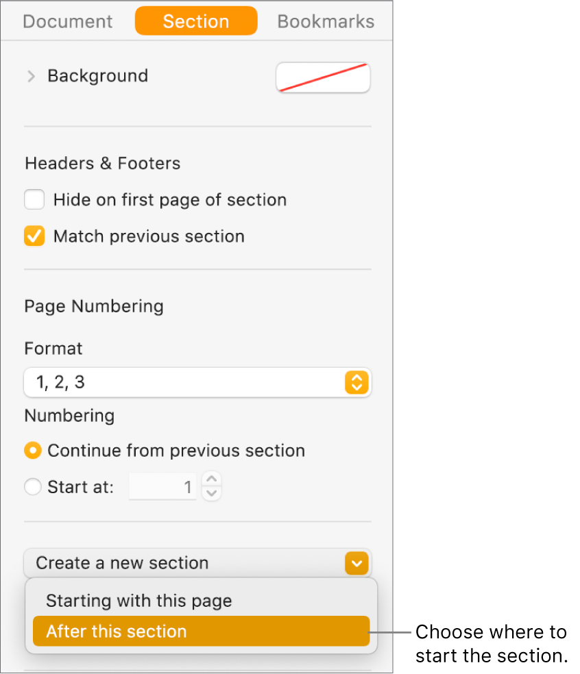 The Document sidebar with the Section tab selected. Near the bottom of the sidebar is a “Section starts on” pop-up menu and a “Create a new section” pop-up menu.