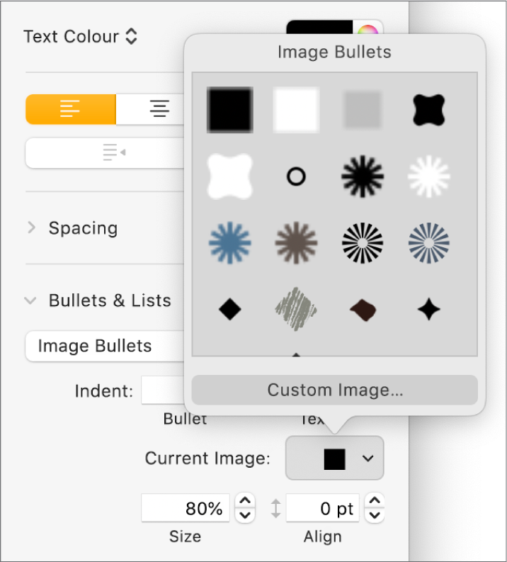 The Image Bullets pop-up menu.