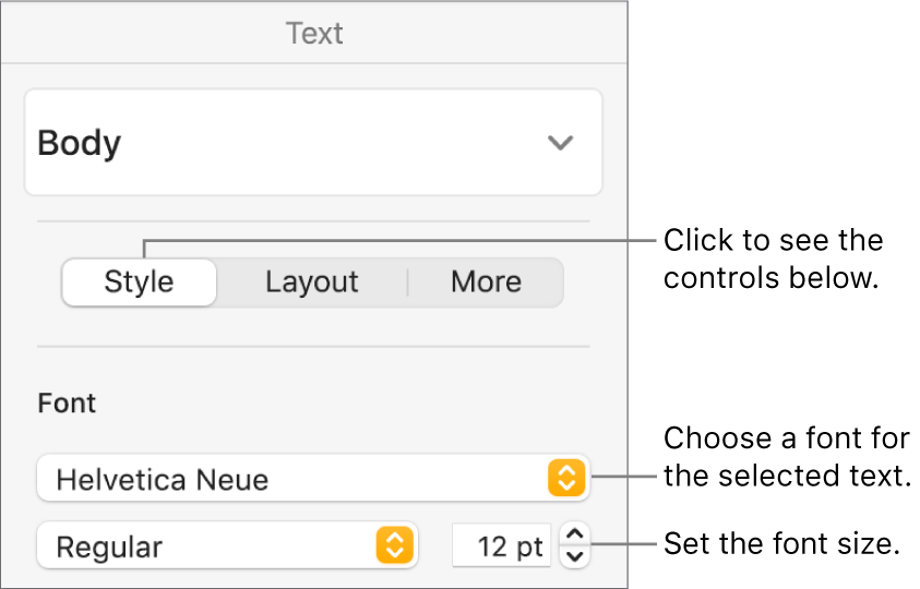 Text controls in the Style section of the Format sidebar for setting font and font size.