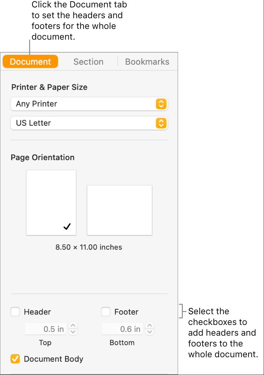 The Document sidebar with the Document tab at the top of the sidebar selected. Below the Header and Footer checkboxes are arrows to change the distance of headers and footers from the top and bottom of the page.