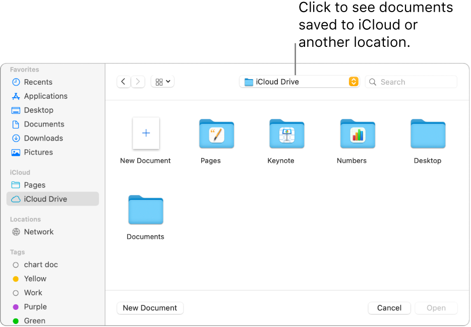 The Open dialog with the sidebar open on the left and iCloud Drive selected in the pop-up menu at the top. Folders for Keynote, Numbers, and Pages appear in the dialog, along with a New Document button.