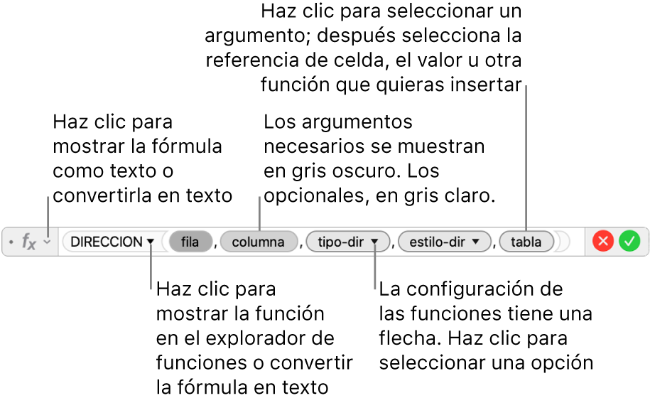 El editor de fórmulas con la función DIRECCIÓN y sus identificadores de argumentos.