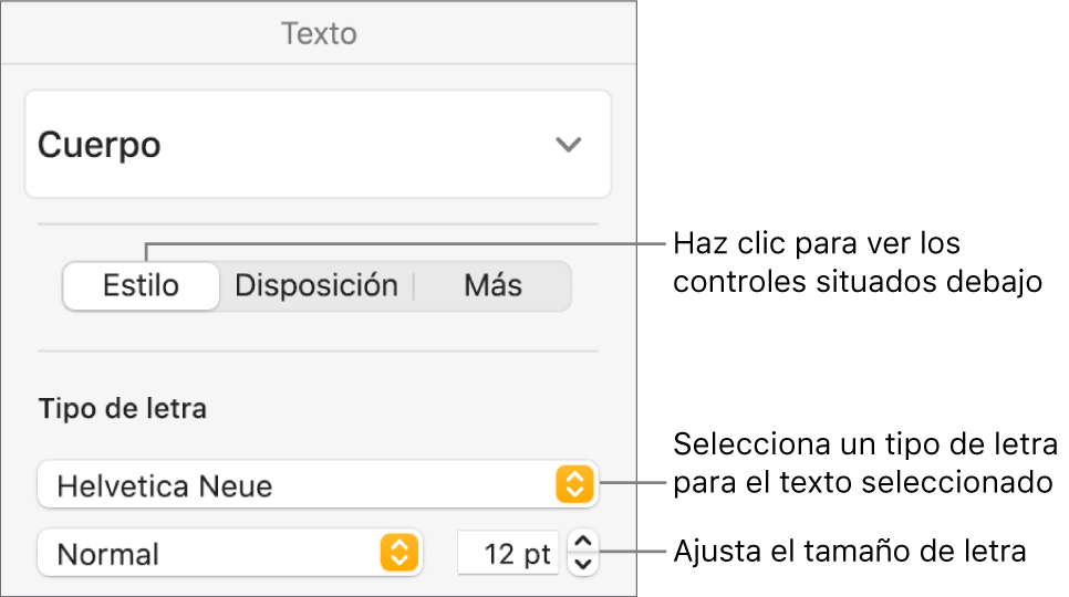 Controles de texto de la sección Estilo de la barra lateral Formato para ajustar el tamaño y el tipo de letra.