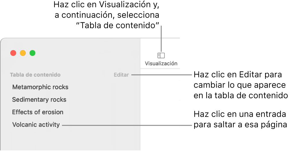 La tabla de contenido situada en el lado izquierdo de la ventana de Pages con un botón Editar en la esquina superior derecha de la barra lateral y entradas de la tabla de contenido en una lista. El botón Visualización está en la esquina superior izquierda de la barra de herramientas de Pages, encima de la barra lateral.