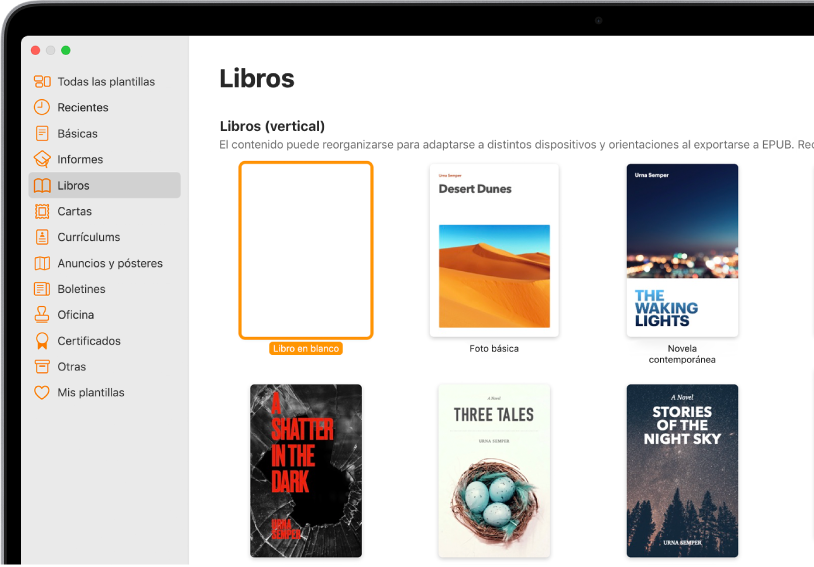 El selector de plantilla con la opción Libros seleccionada en la lista de categorías que aparece a la izquierda y plantillas de libro con orientación vertical a la derecha.
