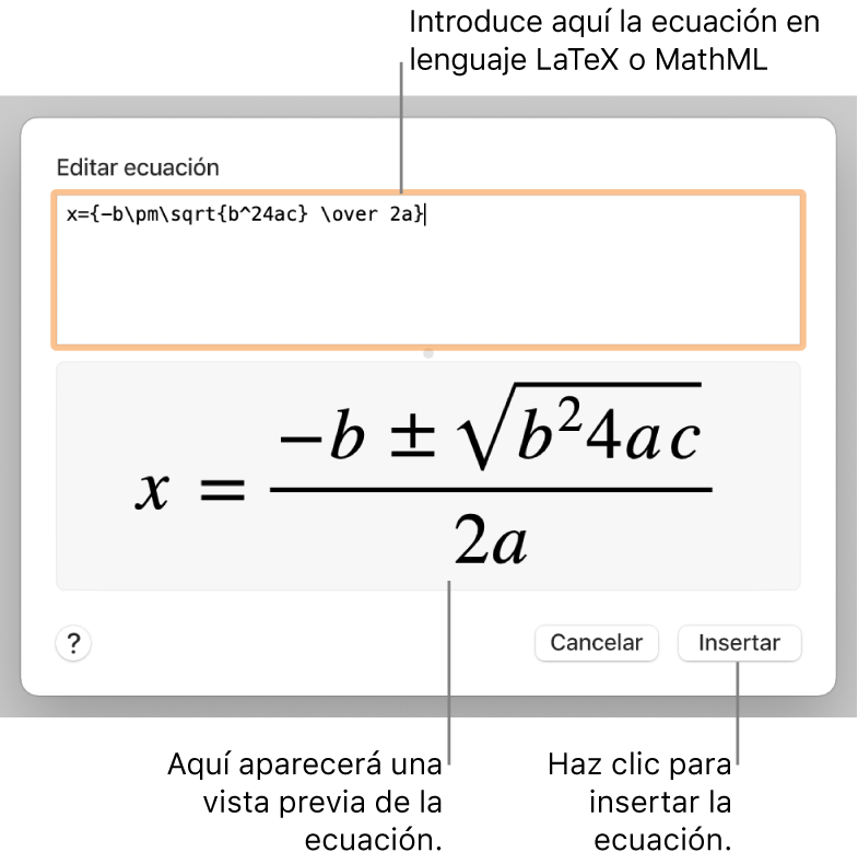 El diálogo “Editar ecuación” con la fórmula cuadrática escrita con LaTeX en el campo “Editar ecuación” y una previsualización de la fórmula a continuación.