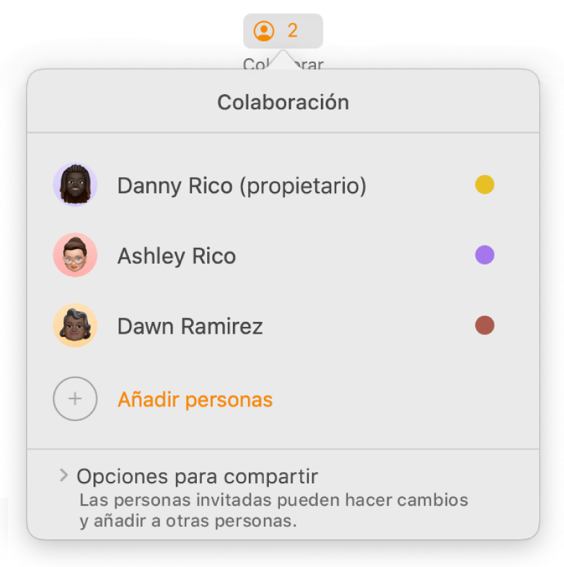 El menú Colaboración con los nombres de las personas que colaboran en el documento. Las opciones para compartir se encuentran debajo de los nombres.