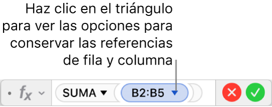 El editor de fórmulas mostrando cómo conservar la fila y la columna de una referencia de intervalo.